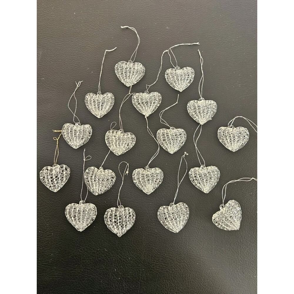 Vintage set 17 Christmas Ornaments SPUN GLASS HEARTS, Classic Sparkle Delicate